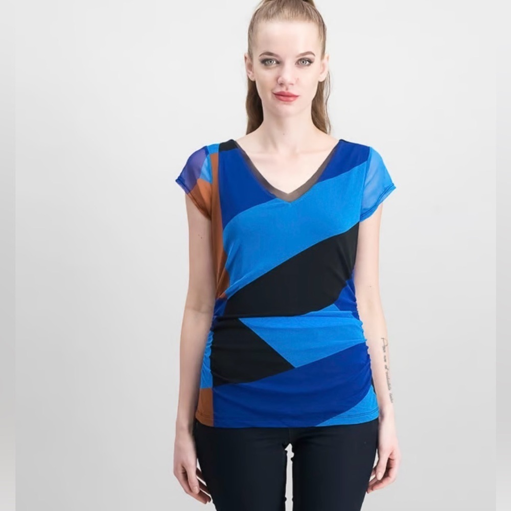 INC International Concepts -mesh overlay brown & blue abstract print top 💙🖤🤎